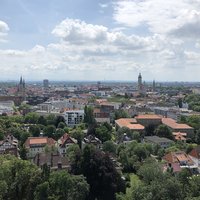 Erhöhter Blick auf Stadt Braunschweig mit Bäumen und Häusern, blauer Himmel und Wolken